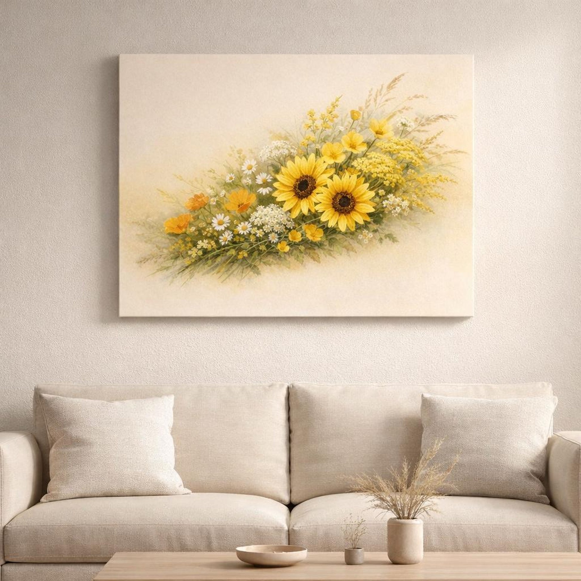 Boho Wildflowers Yellow shown as canvas wall art in a refined dining room