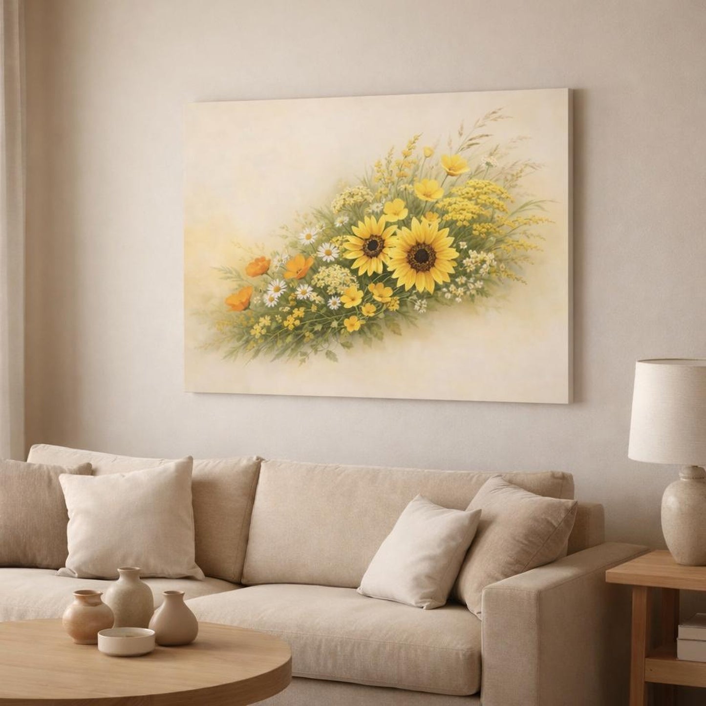 Boho Wildflowers Yellow shown as canvas wall art in a modern living room