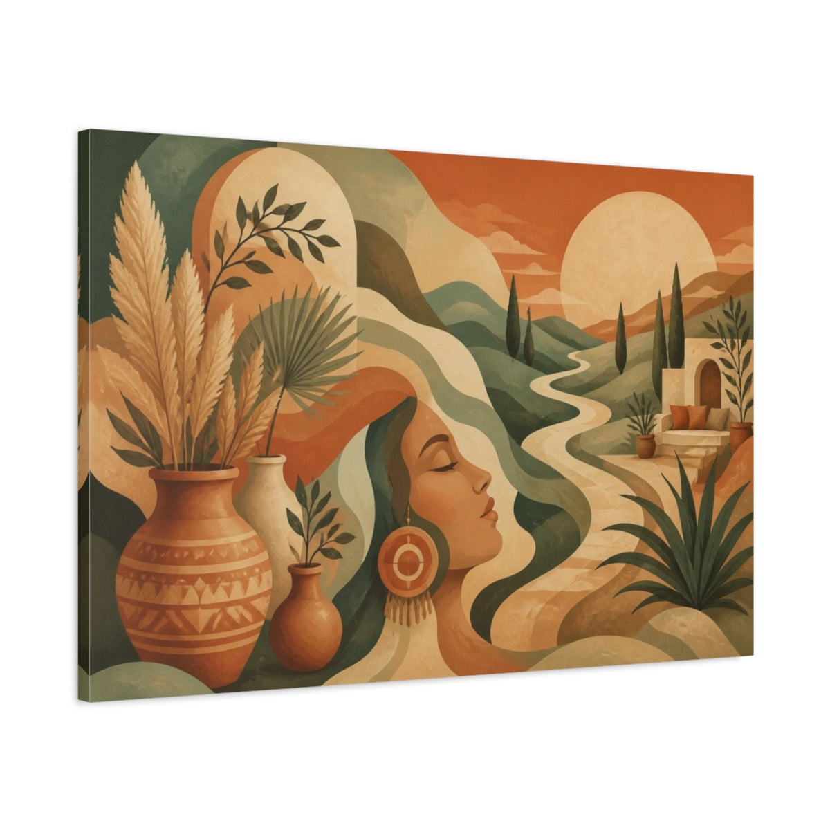 Main Mockup. Boho Woman In Sage Hills shown as canvas print