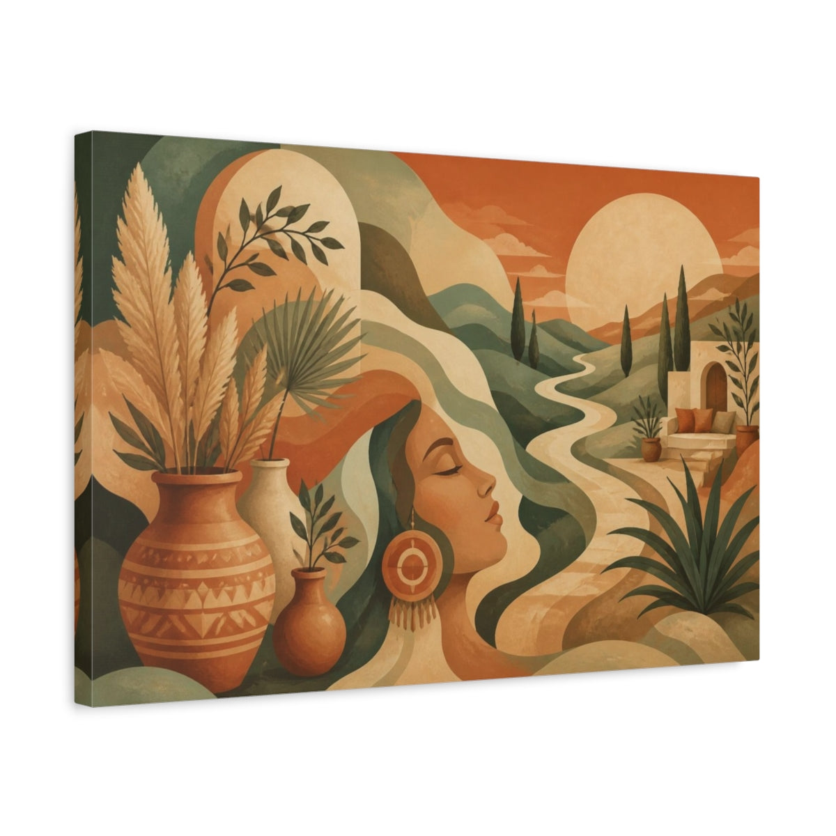Side Mockup 3. Boho Woman In Sage Hills shown as canvas print