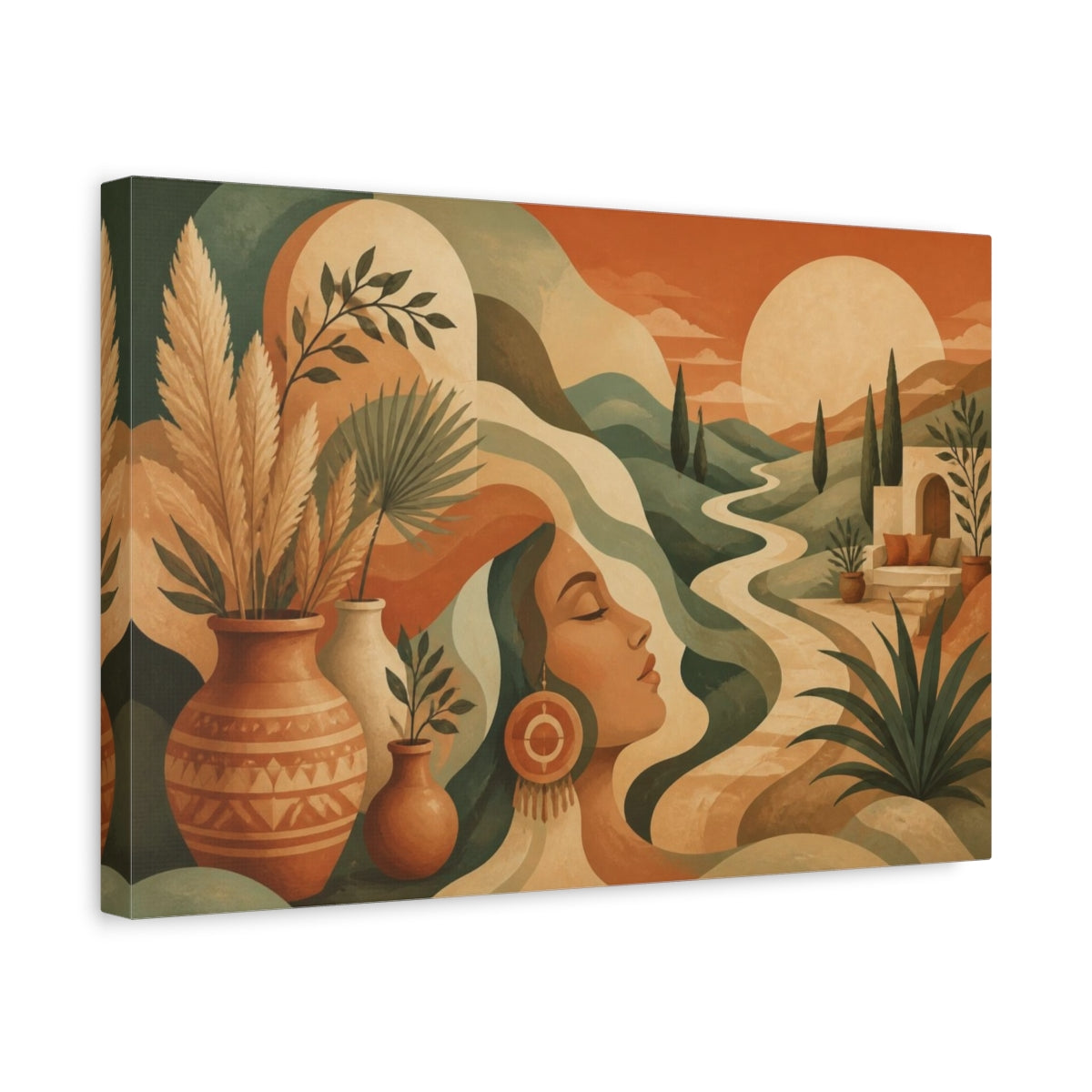 Side Mockup 4. Boho Woman In Sage Hills shown as canvas print