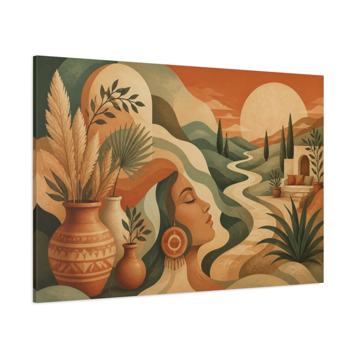 Side Mockup 1. Boho Woman In Sage Hills shown as canvas print