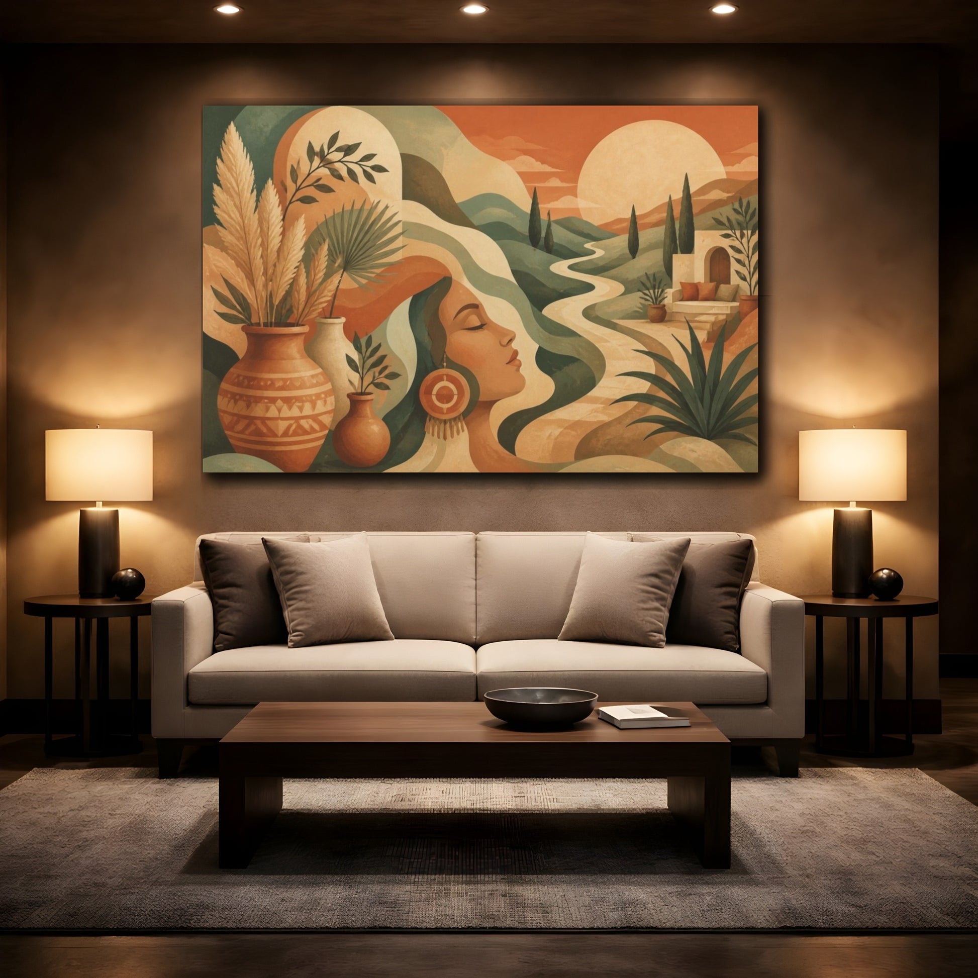 Mockup 2. Boho Woman In Sage Hills shown as canvas print