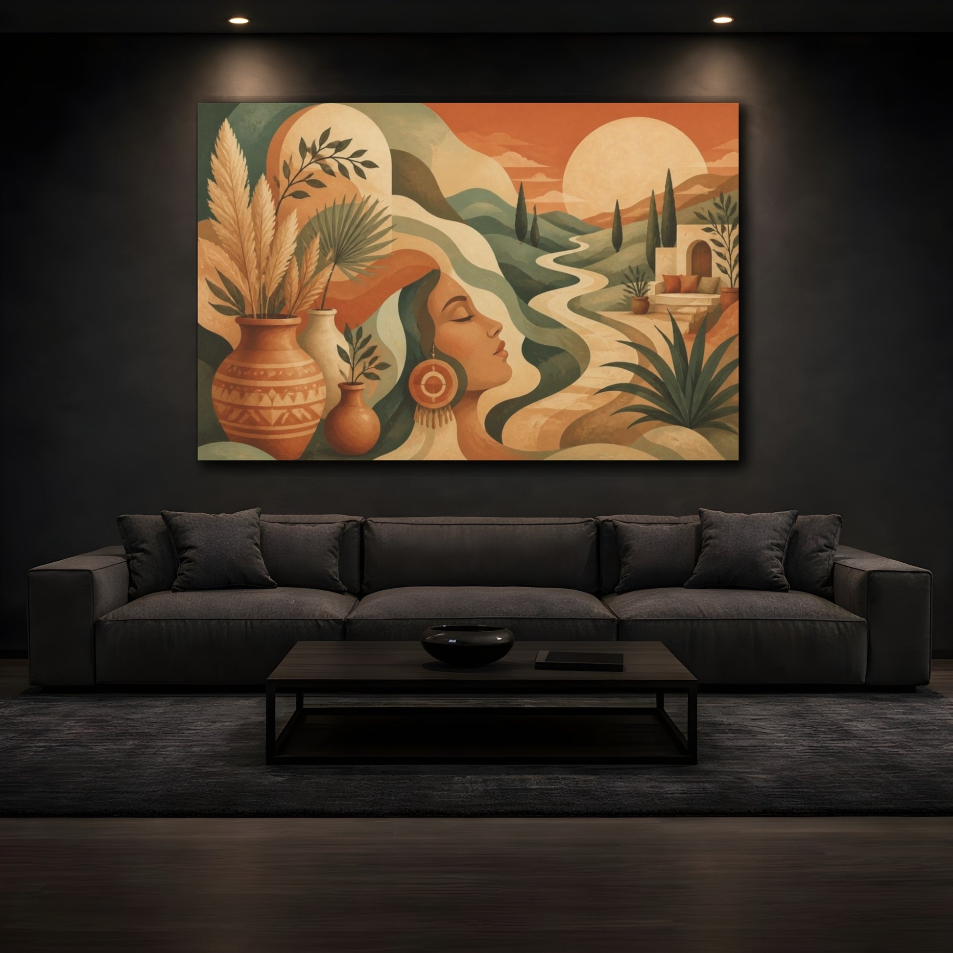 Mockup 3. Boho Woman In Sage Hills shown as canvas print