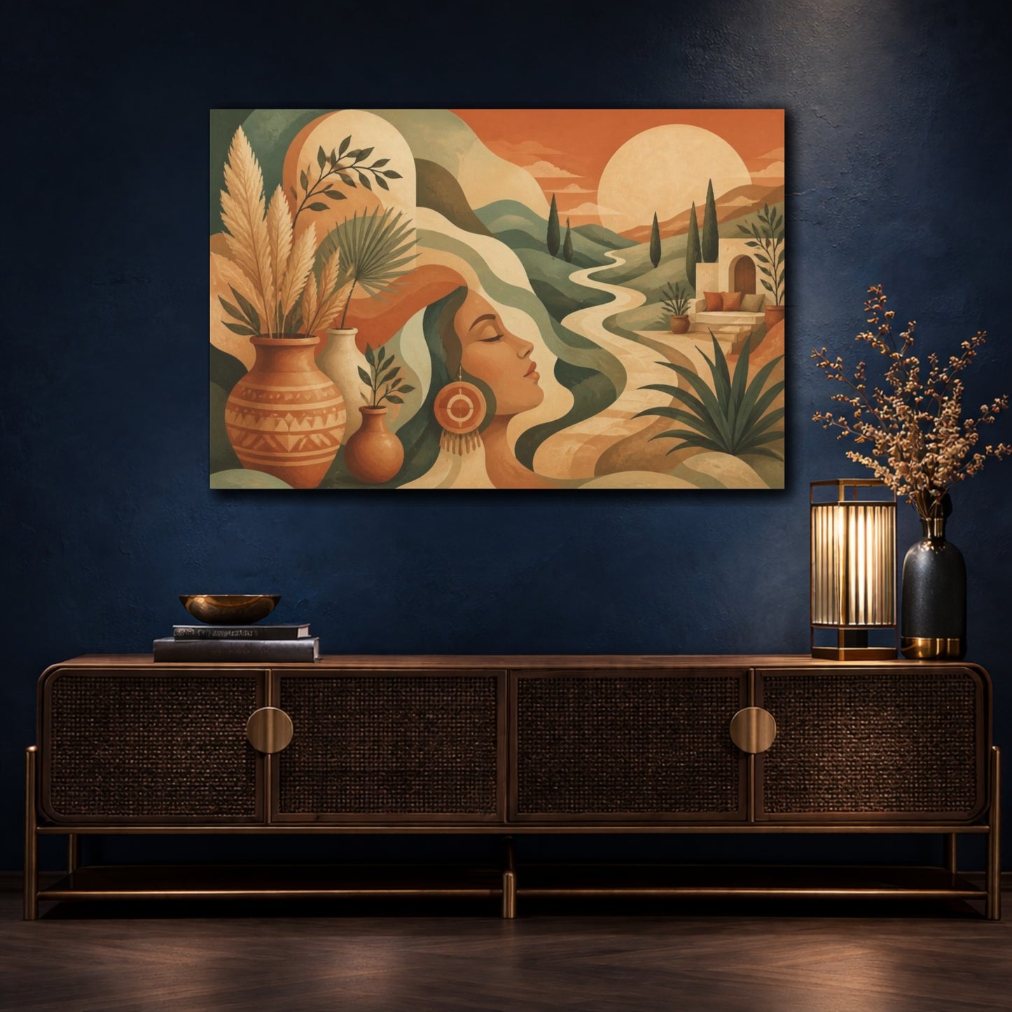Mockup 4. Boho Woman In Sage Hills shown as canvas print
