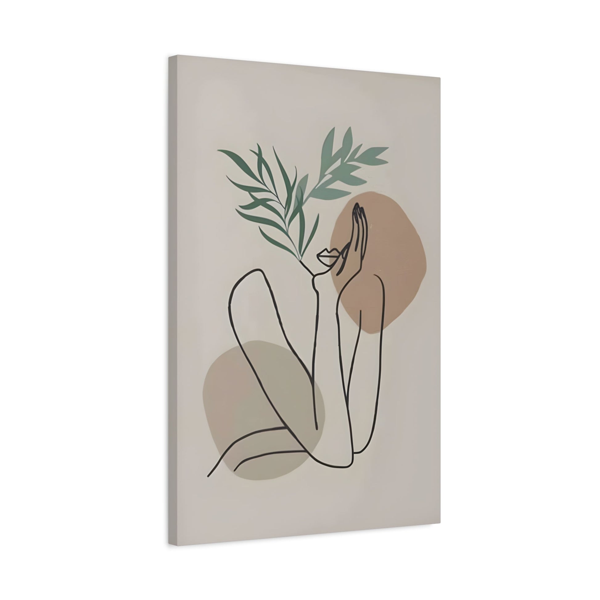 Boho Woman Line Floral Simple Beige Green Canvas Wall Art Print - YesArtYes