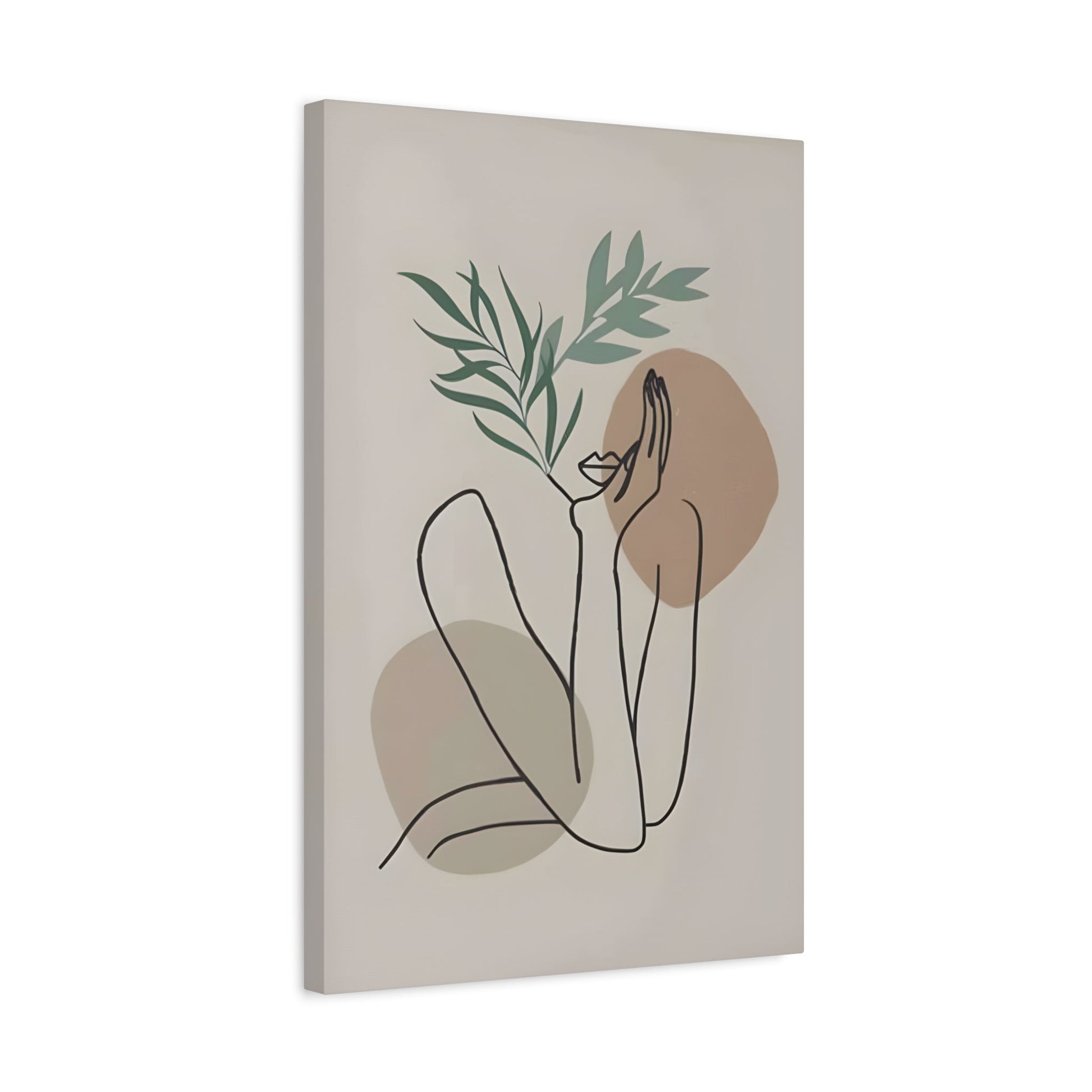Boho Woman Line Floral Simple Beige Green Canvas Wall Art Print - YesArtYes