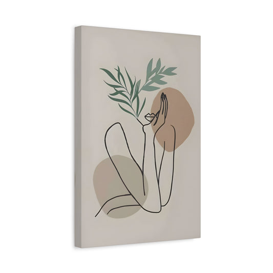 Boho Woman Line Floral Simple Beige Green Canvas Wall Art Print - YesArtYes