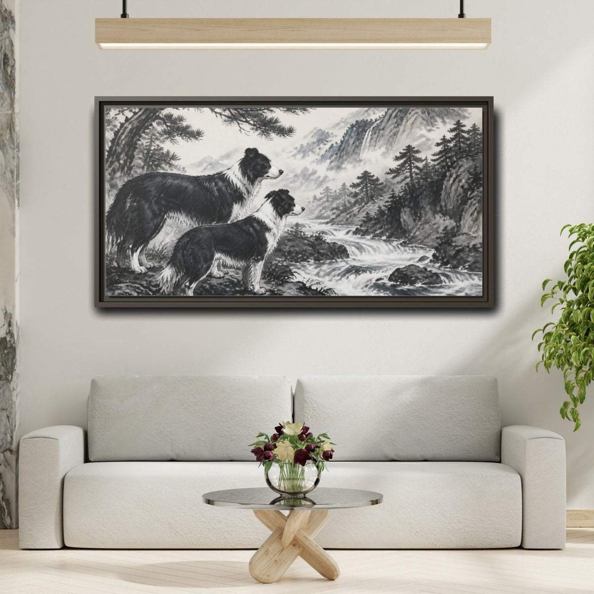 Border Collies Pets By Mountain Stream Framed Canvas Print Wall Art – Living Room Decor, Above Sofa - YesArtYes