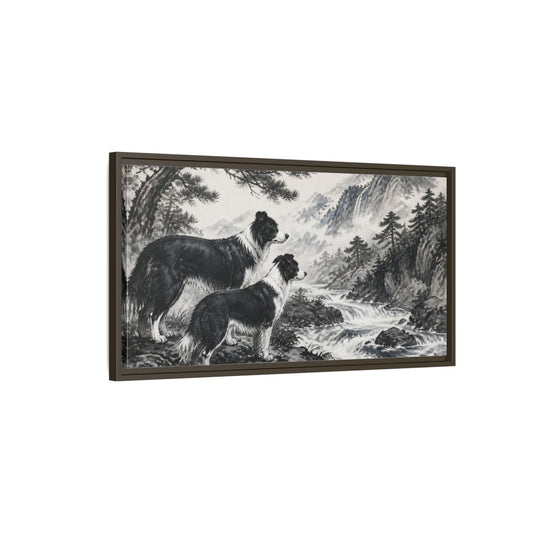 Border Collies Pets By Mountain Stream Framed Canvas Print Wall Art – Living Room Decor, Above Sofa - YesArtYes