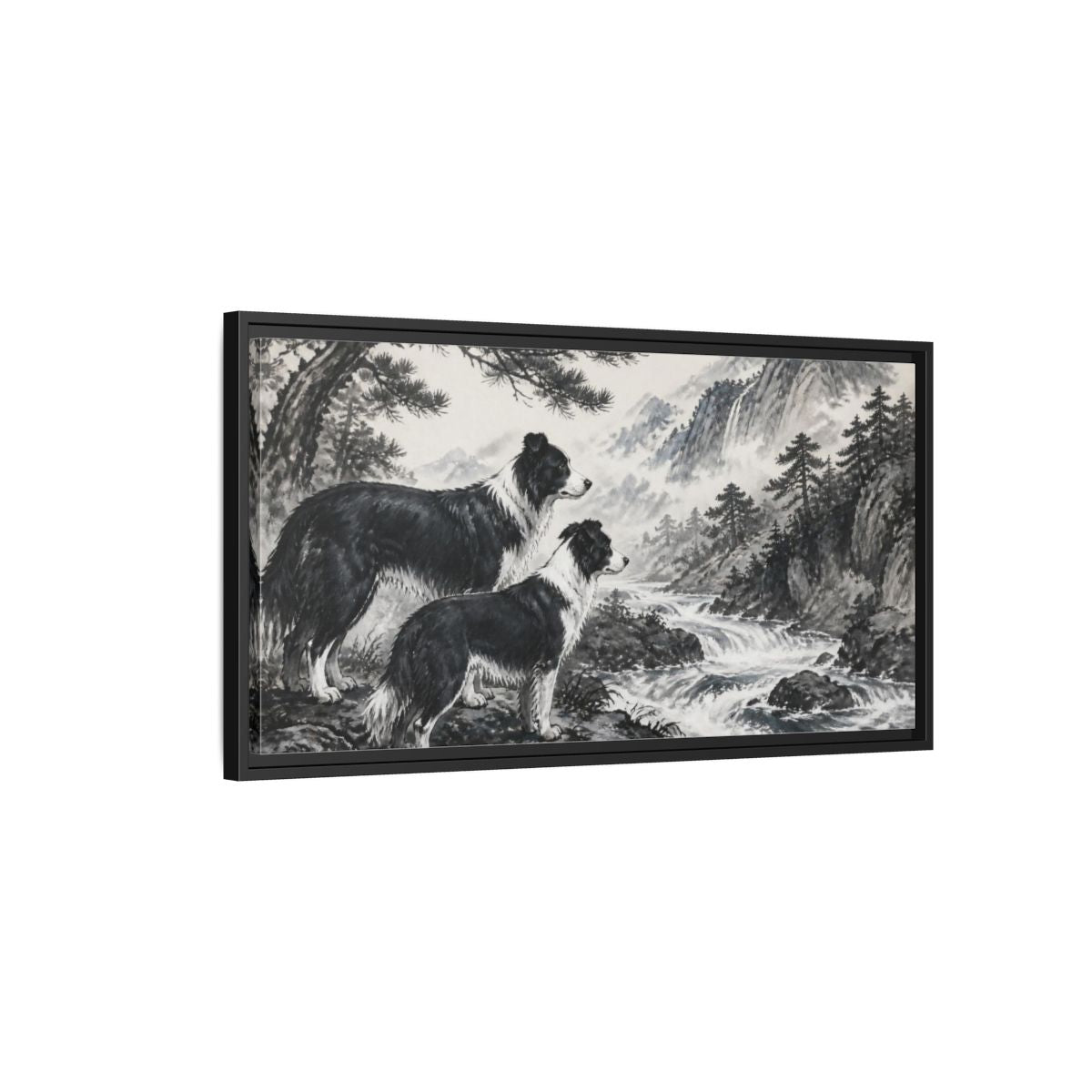Side Mockup 2. Border Collies Pets By Mountain Stream shown as framed canvas print