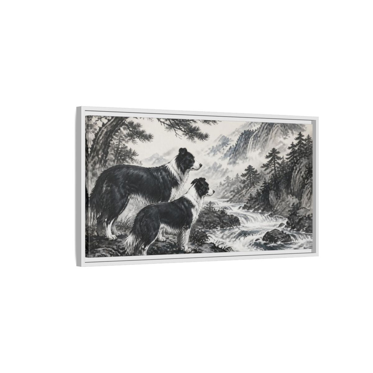 Side Mockup 1. Border Collies Pets By Mountain Stream shown as framed canvas print