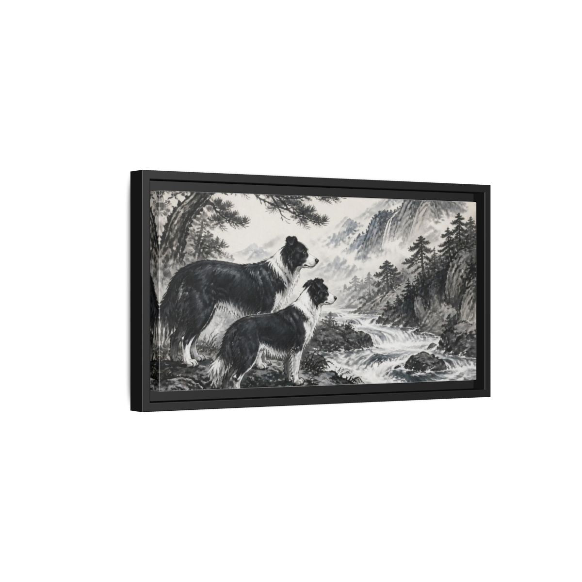 Side Mockup 8. Border Collies Pets By Mountain Stream shown as framed canvas print