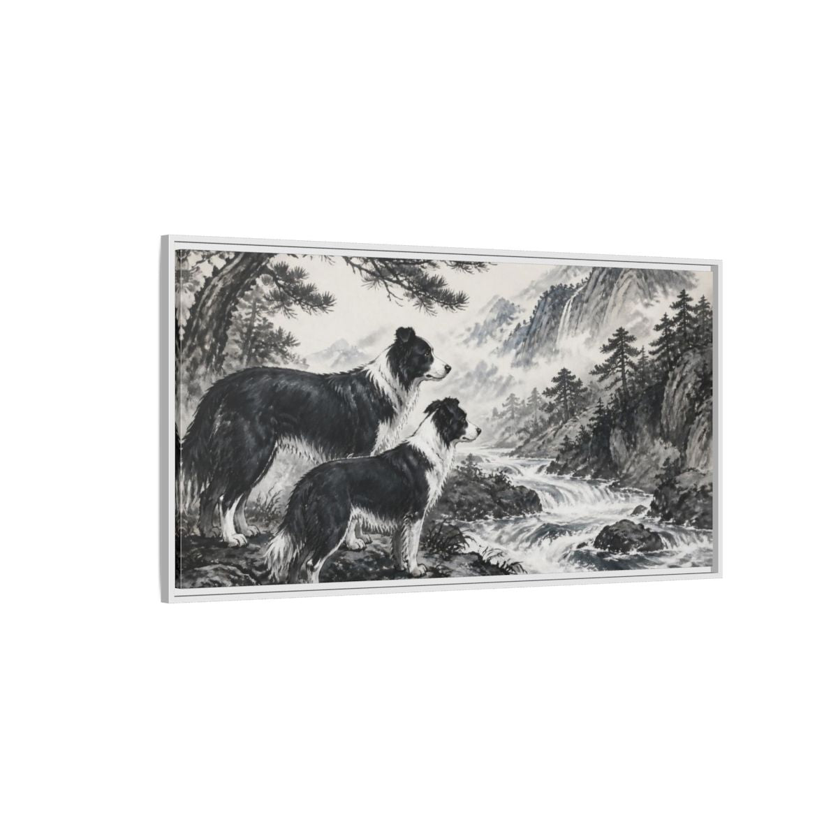 Side Mockup 3. Border Collies Pets By Mountain Stream shown as framed canvas print