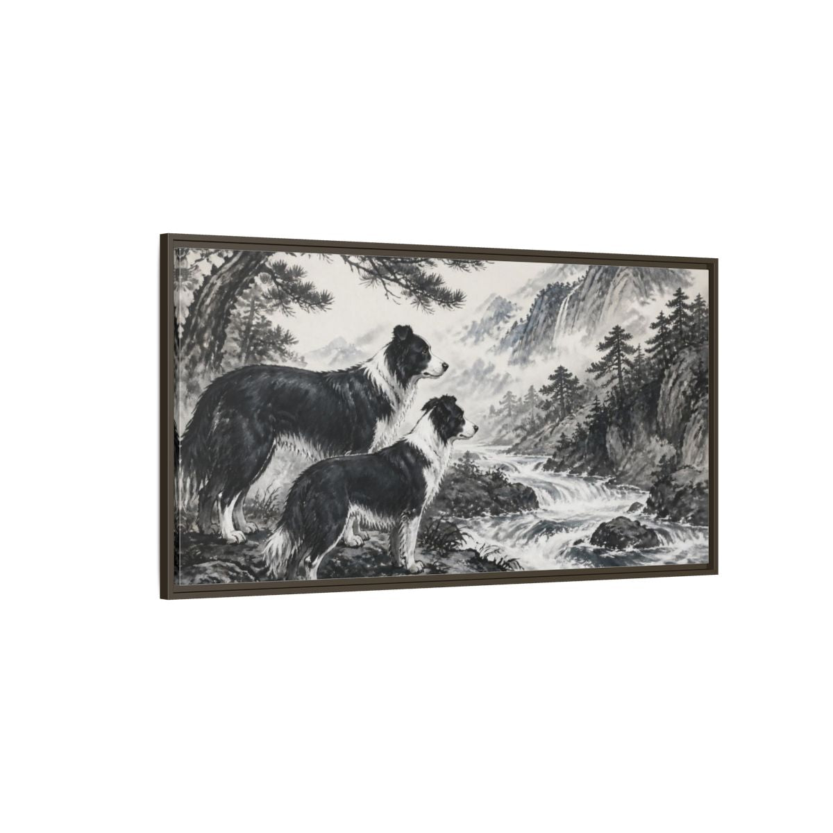 Side Mockup 4. Border Collies Pets By Mountain Stream shown as framed canvas print