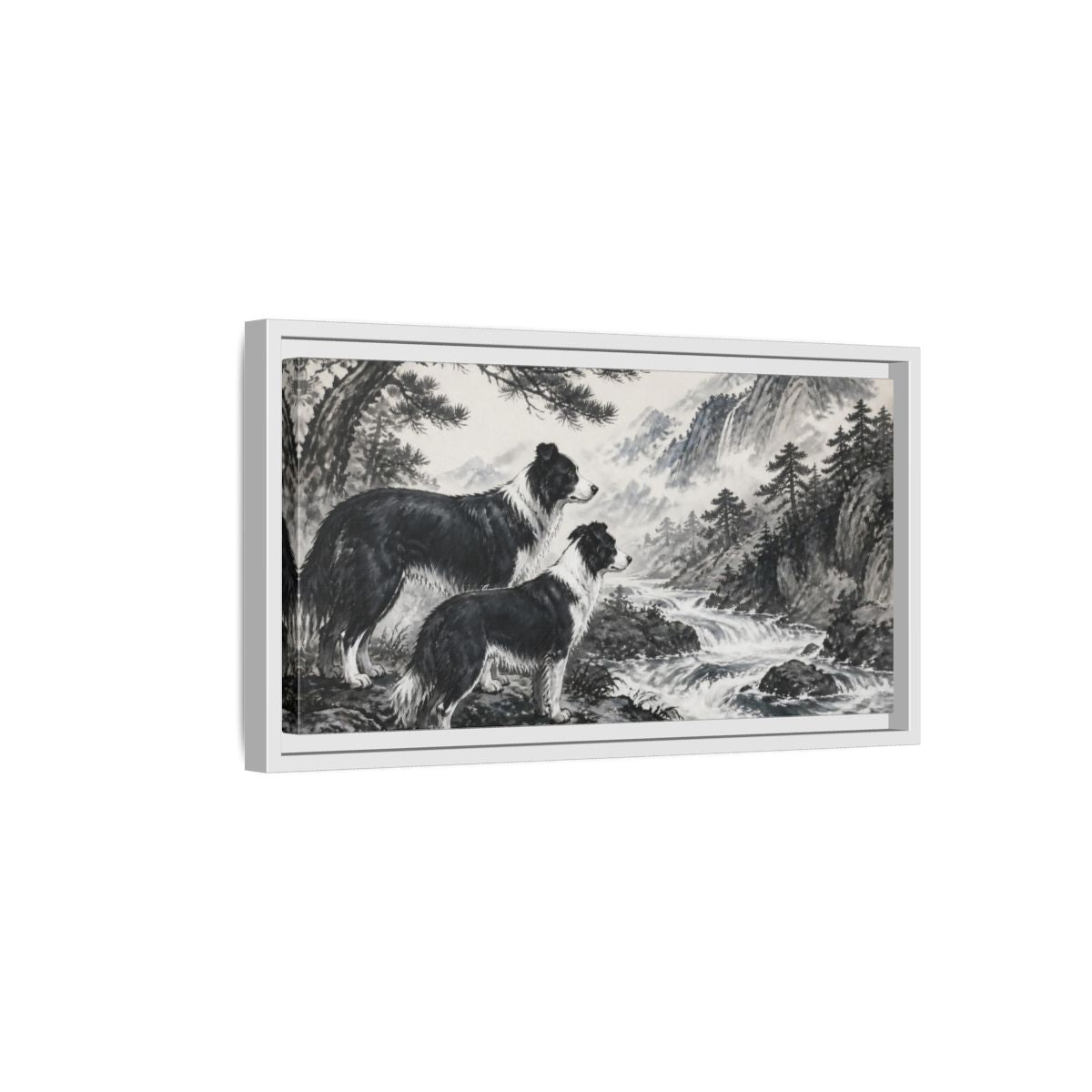 Side Mockup 6. Border Collies Pets By Mountain Stream shown as framed canvas print