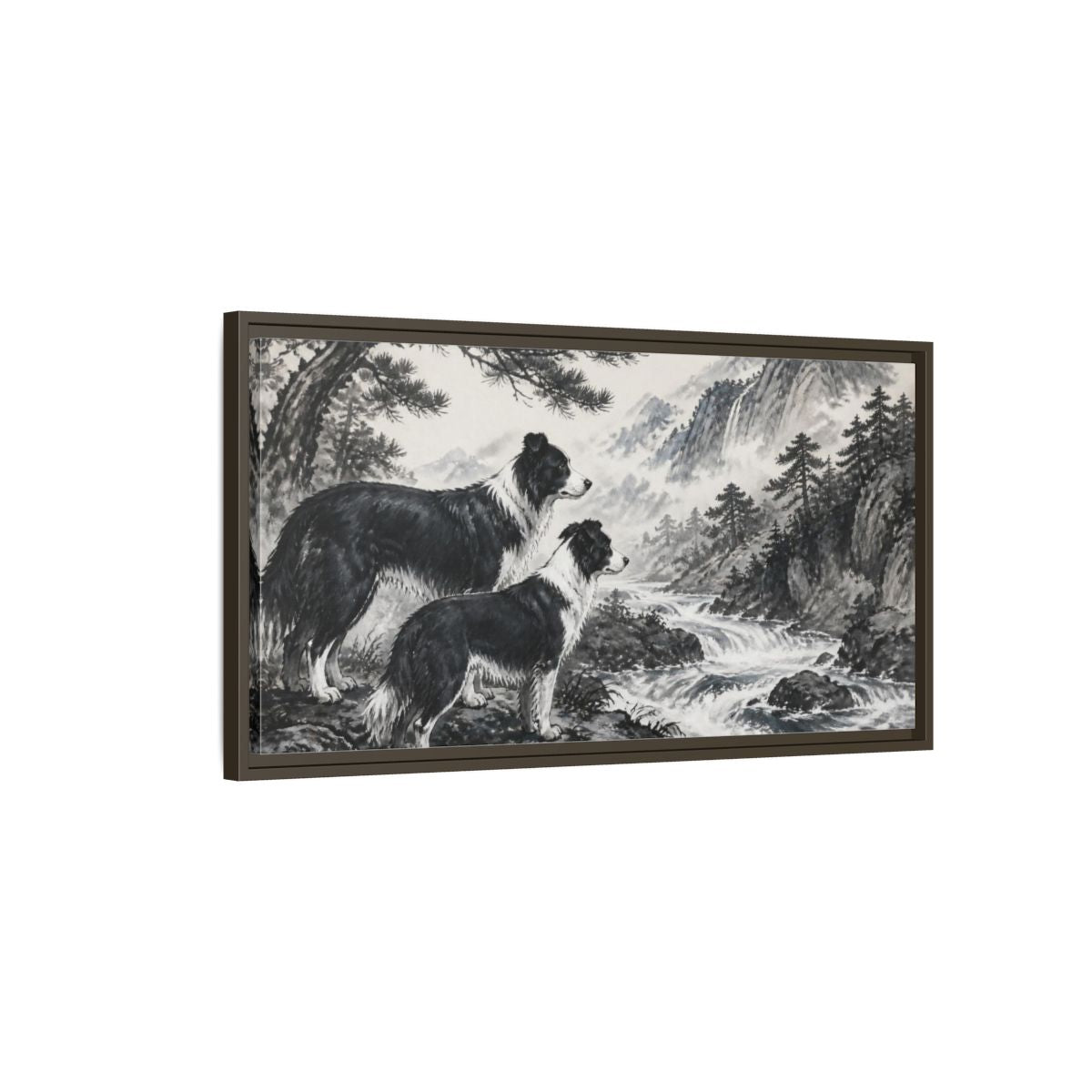 Main Mockup. Border Collies Pets By Mountain Stream shown as framed canvas print