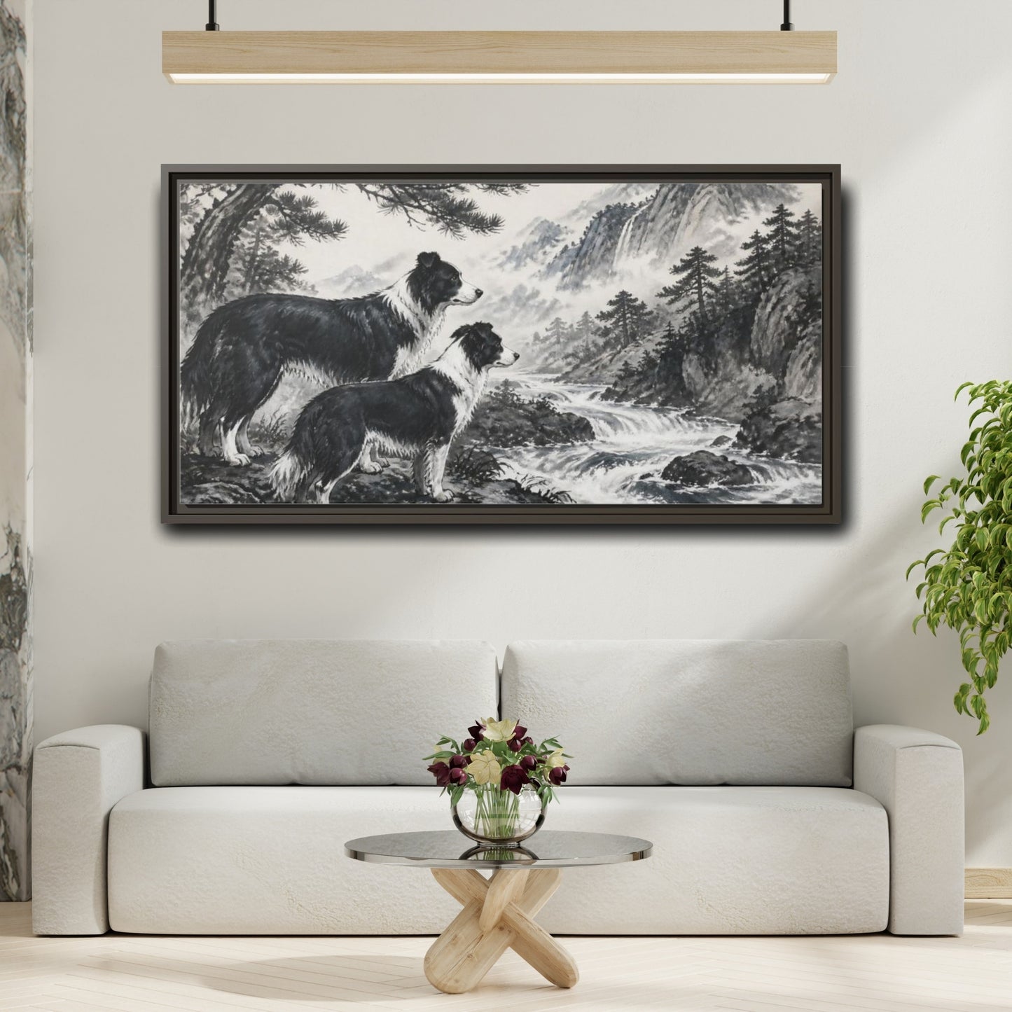 Mockup 2. Border Collies Pets By Mountain Stream shown as framed canvas print