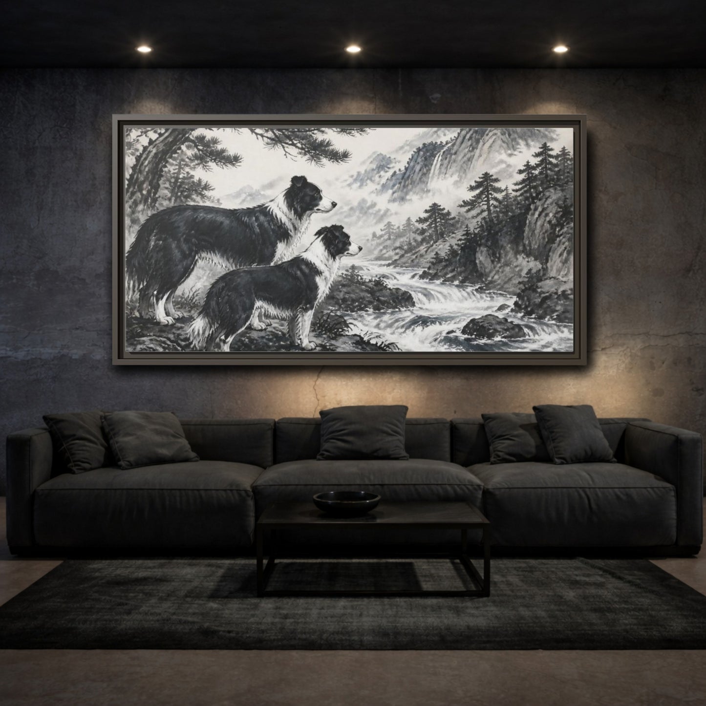 Mockup 3. Border Collies Pets By Mountain Stream shown as framed canvas print