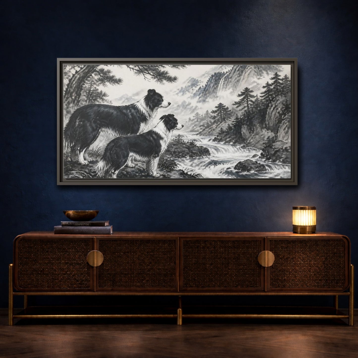 Mockup 4. Border Collies Pets By Mountain Stream shown as framed canvas print