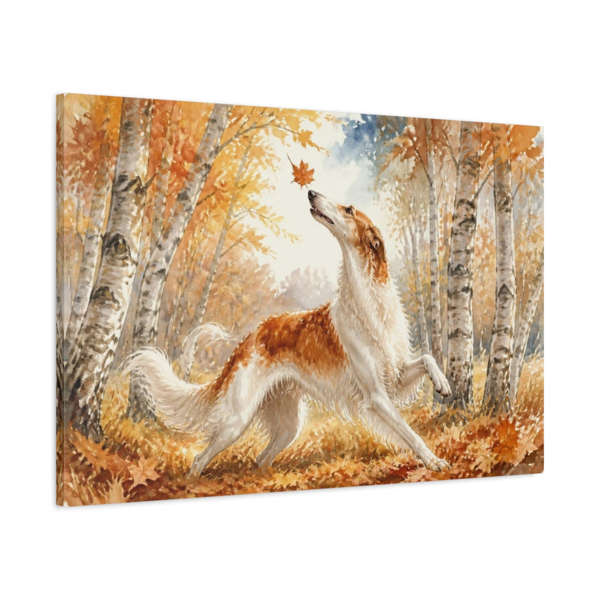 Main Mockup. Borzoi Pet In Autumn shown as canvas print