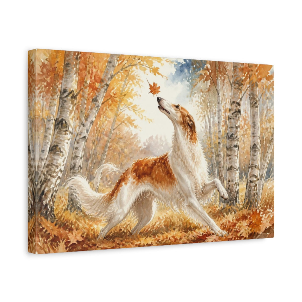 Side Mockup 4. Borzoi Pet In Autumn shown as canvas print