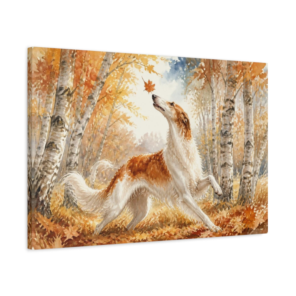 Side Mockup 2. Borzoi Pet In Autumn shown as canvas print