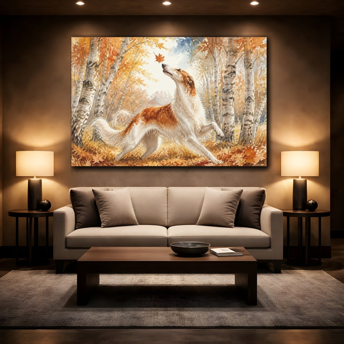 Mockup 2. Borzoi Pet In Autumn shown as canvas print
