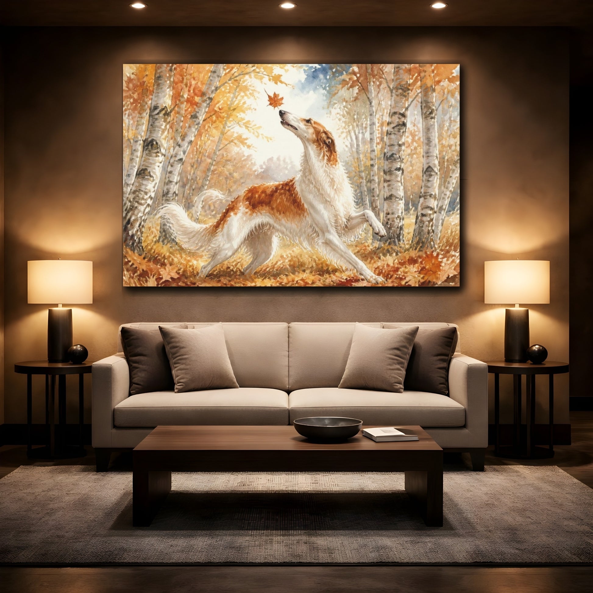 Mockup 2. Borzoi Pet In Autumn shown as canvas print