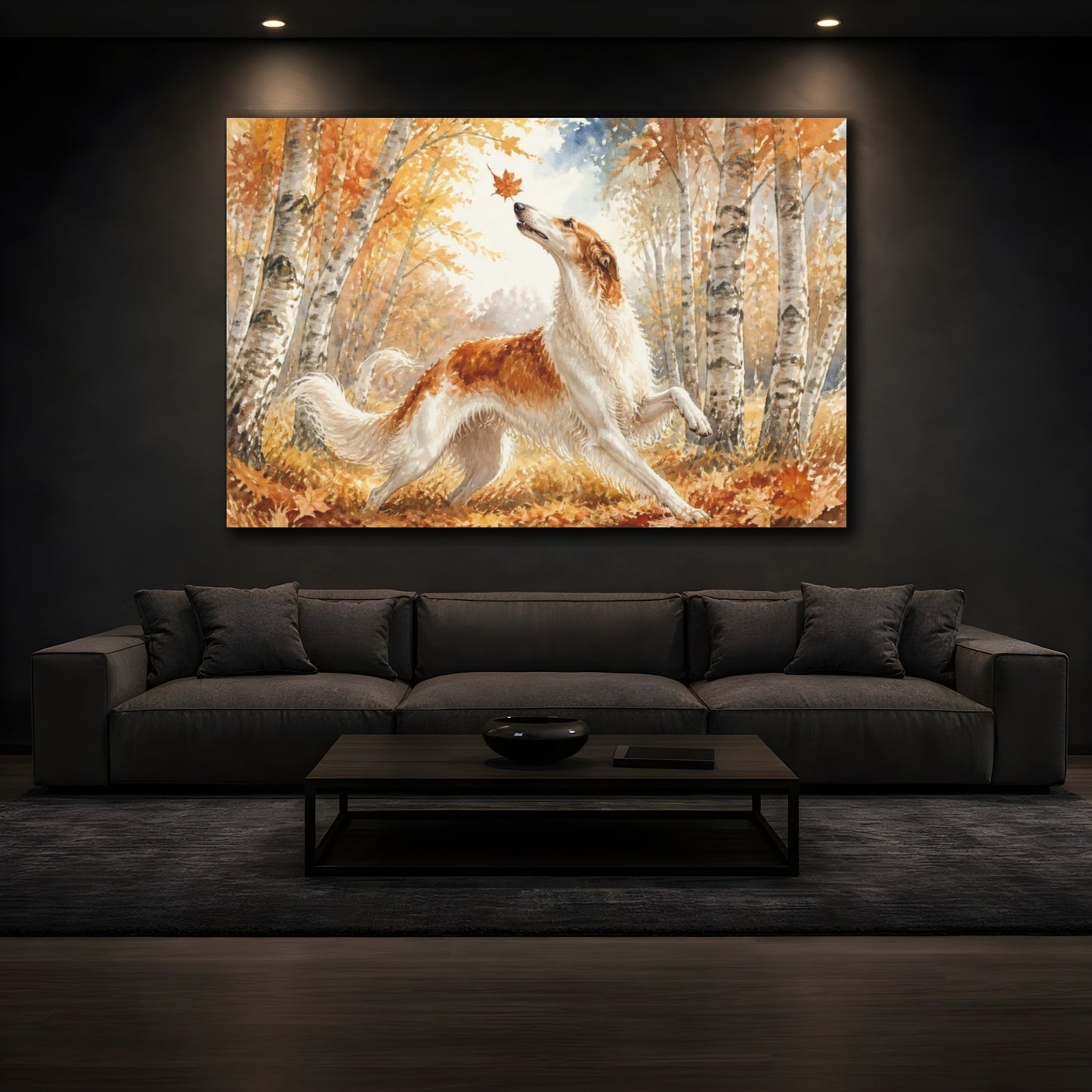 Mockup 3. Borzoi Pet In Autumn shown as canvas print