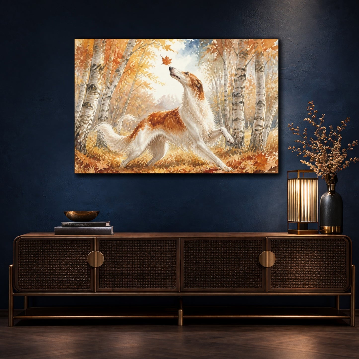 Mockup 4. Borzoi Pet In Autumn shown as canvas print