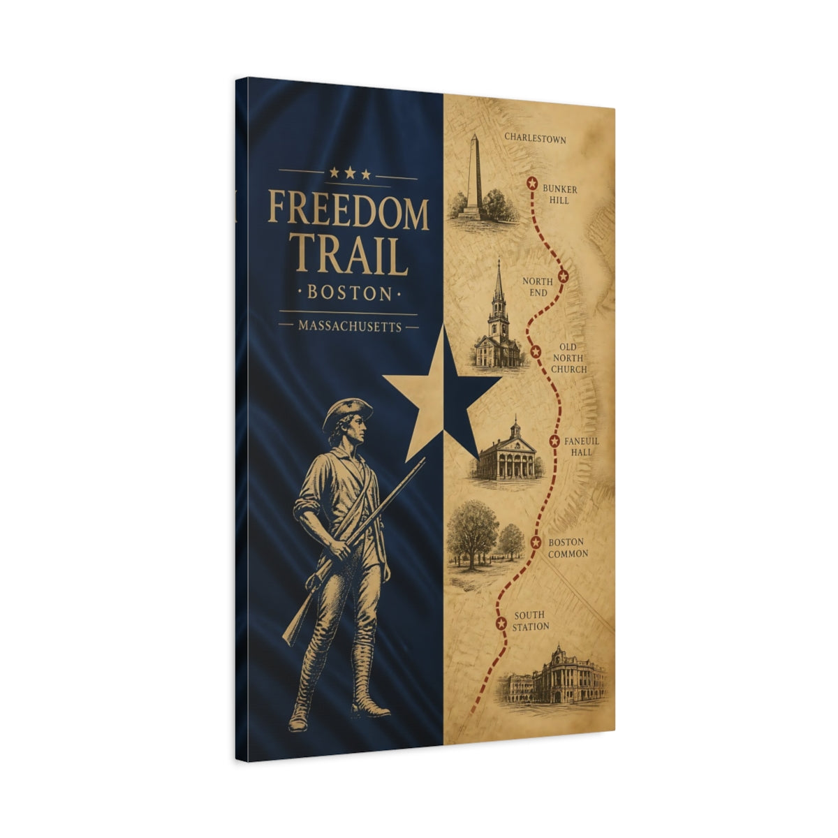 Side Mockup 2. Boston Freedom Trail Map shown as canvas print
