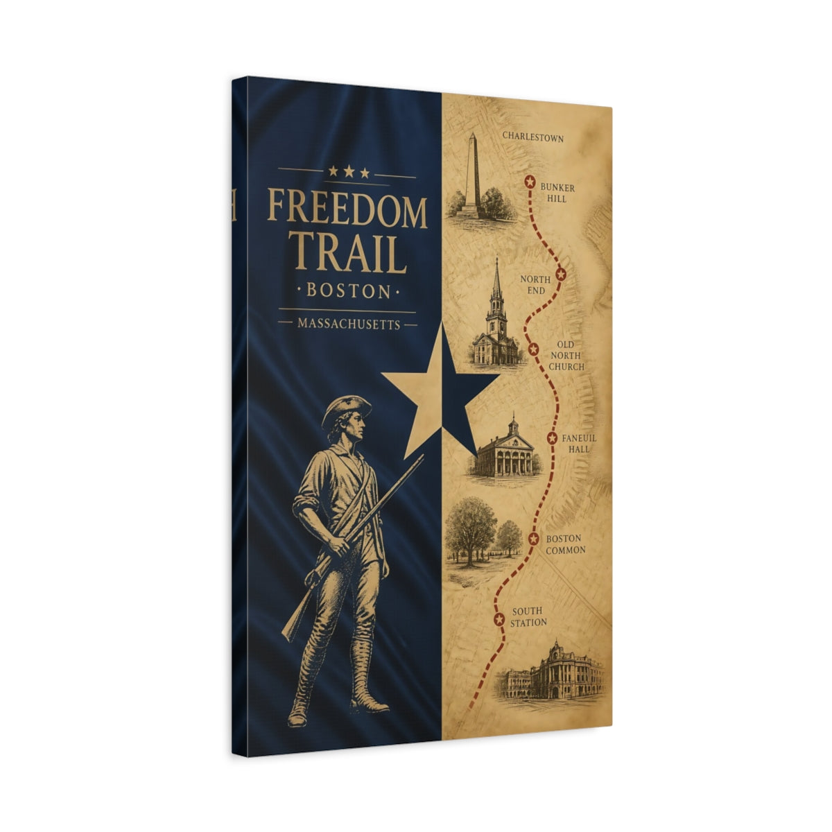 Side Mockup 3. Boston Freedom Trail Map shown as canvas print