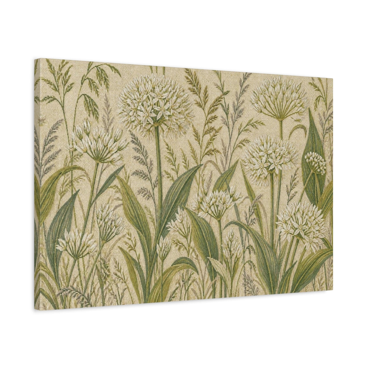 Side Mockup 2. Botanical Allium Meadow shown as canvas print