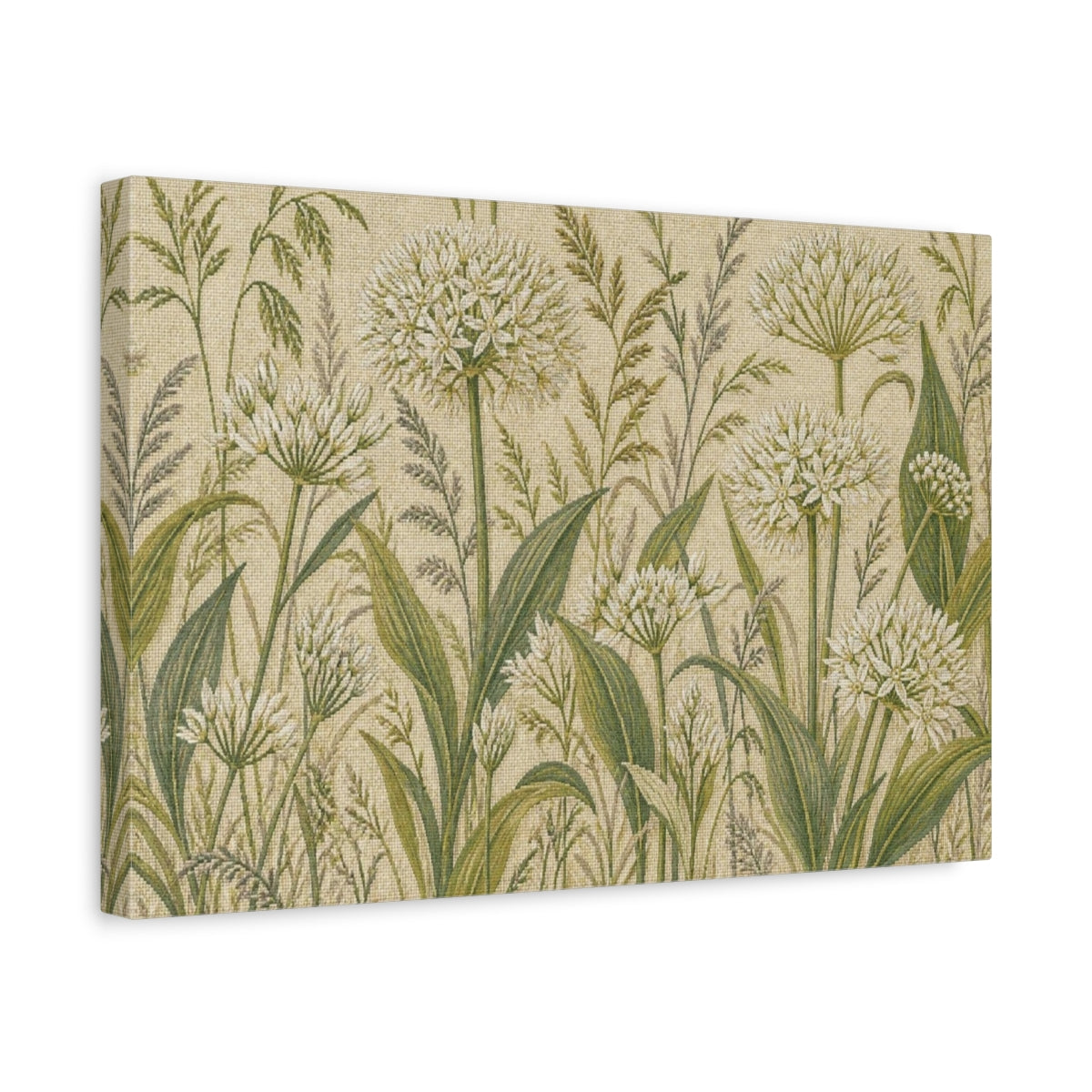 Side Mockup 4. Botanical Allium Meadow shown as canvas print