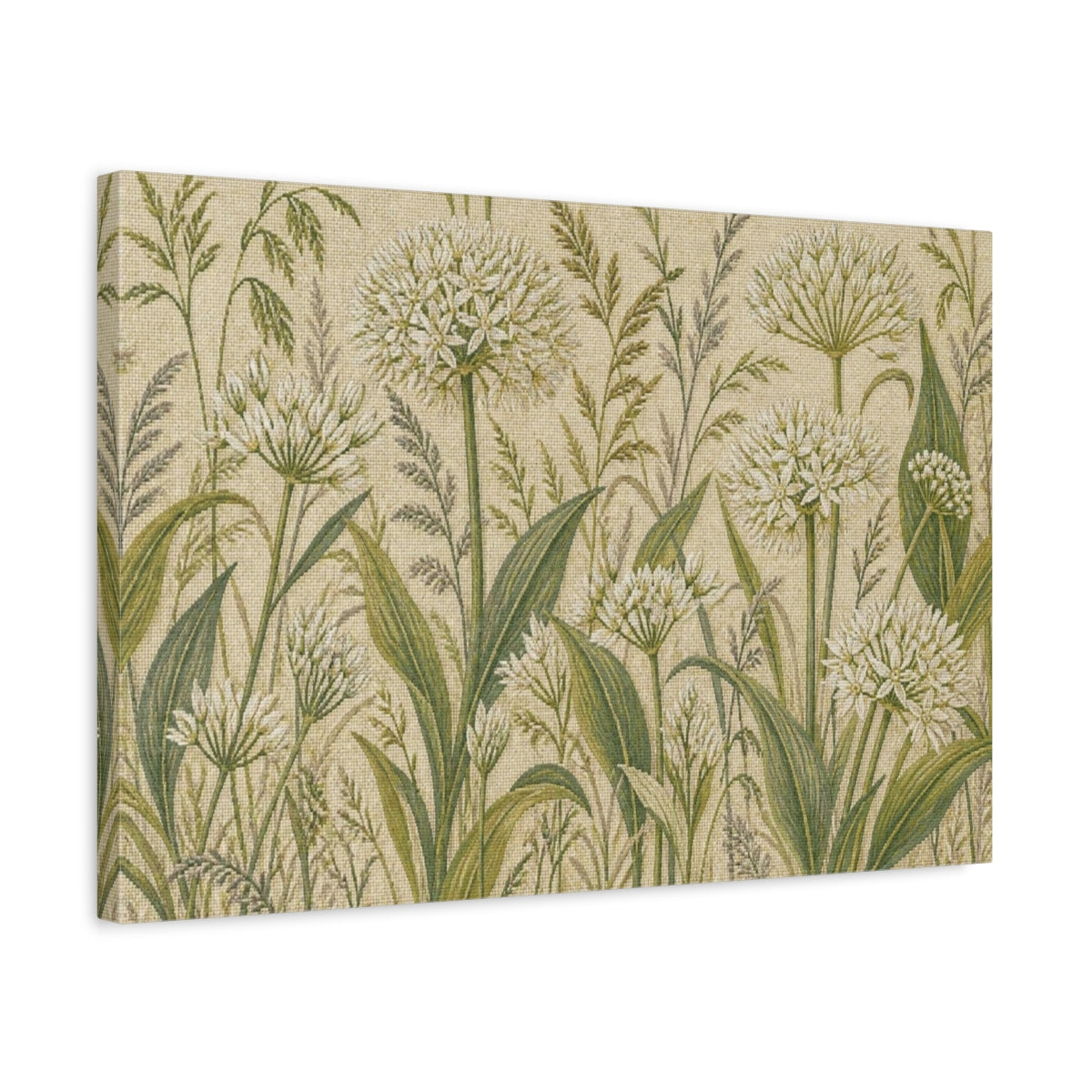 Side Mockup 3. Botanical Allium Meadow shown as canvas print