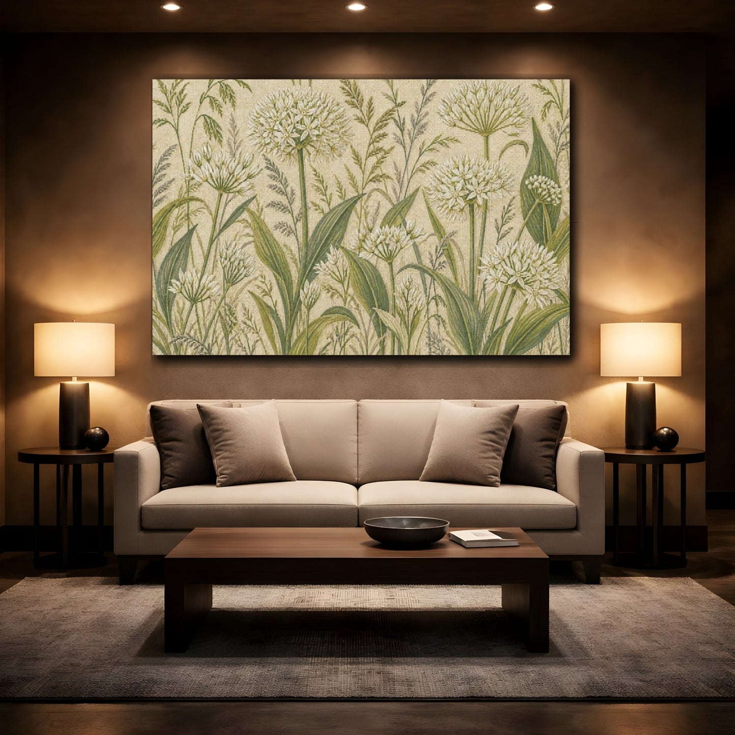 Mockup 2. Botanical Allium Meadow shown as canvas print