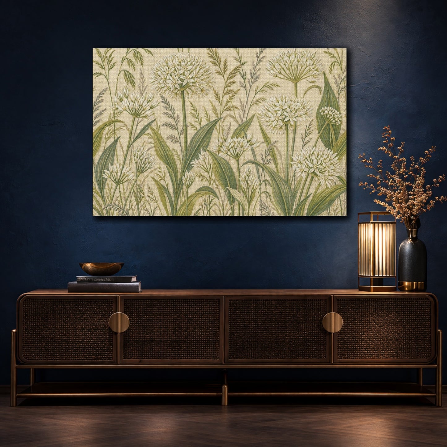 Mockup 4. Botanical Allium Meadow shown as canvas print