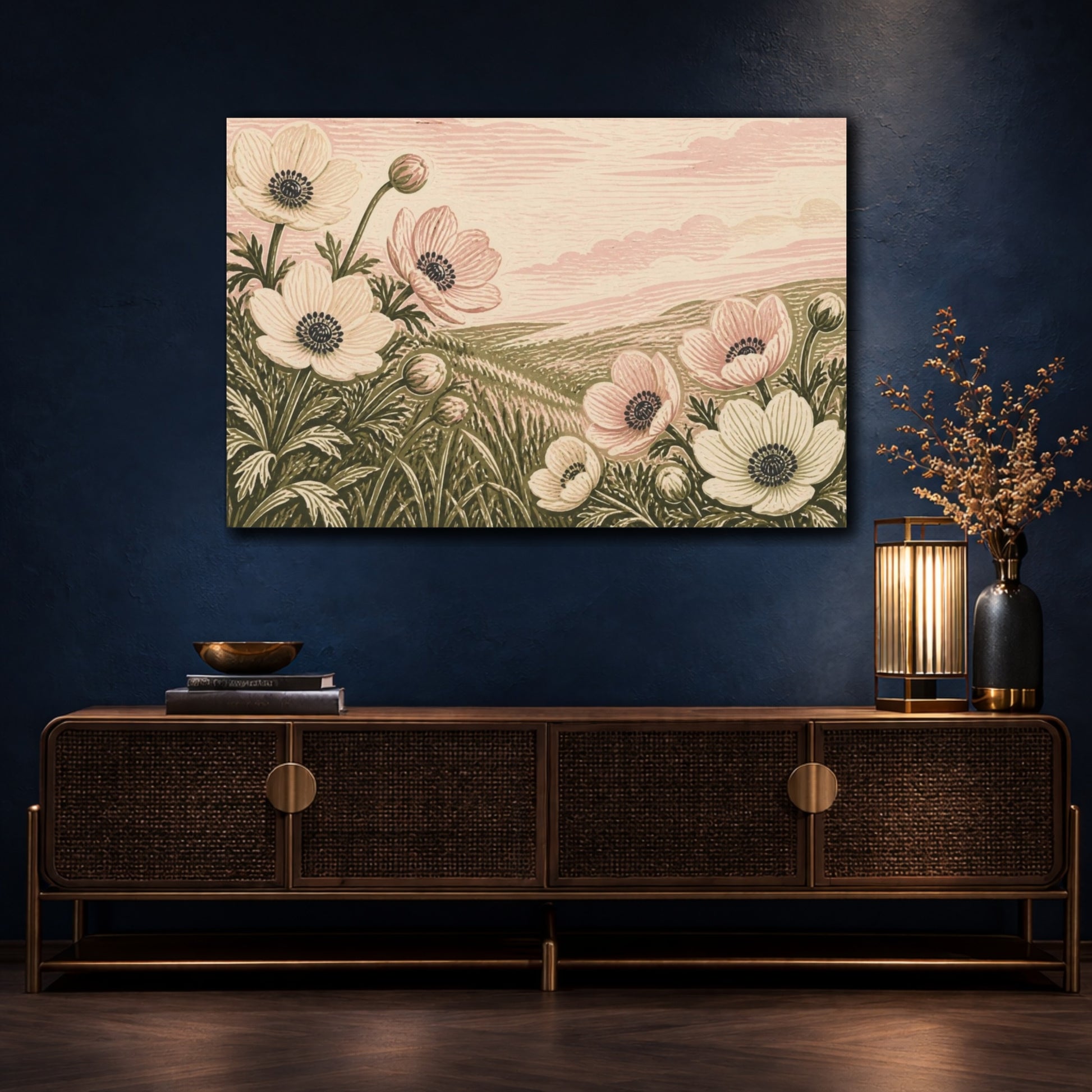 Mockup 4. Botanical Anemone Meadow shown as canvas print