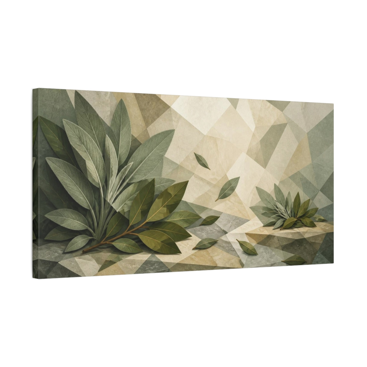 Side Mockup 1. Botanical Bay Leaves Still Life shown as canvas print
