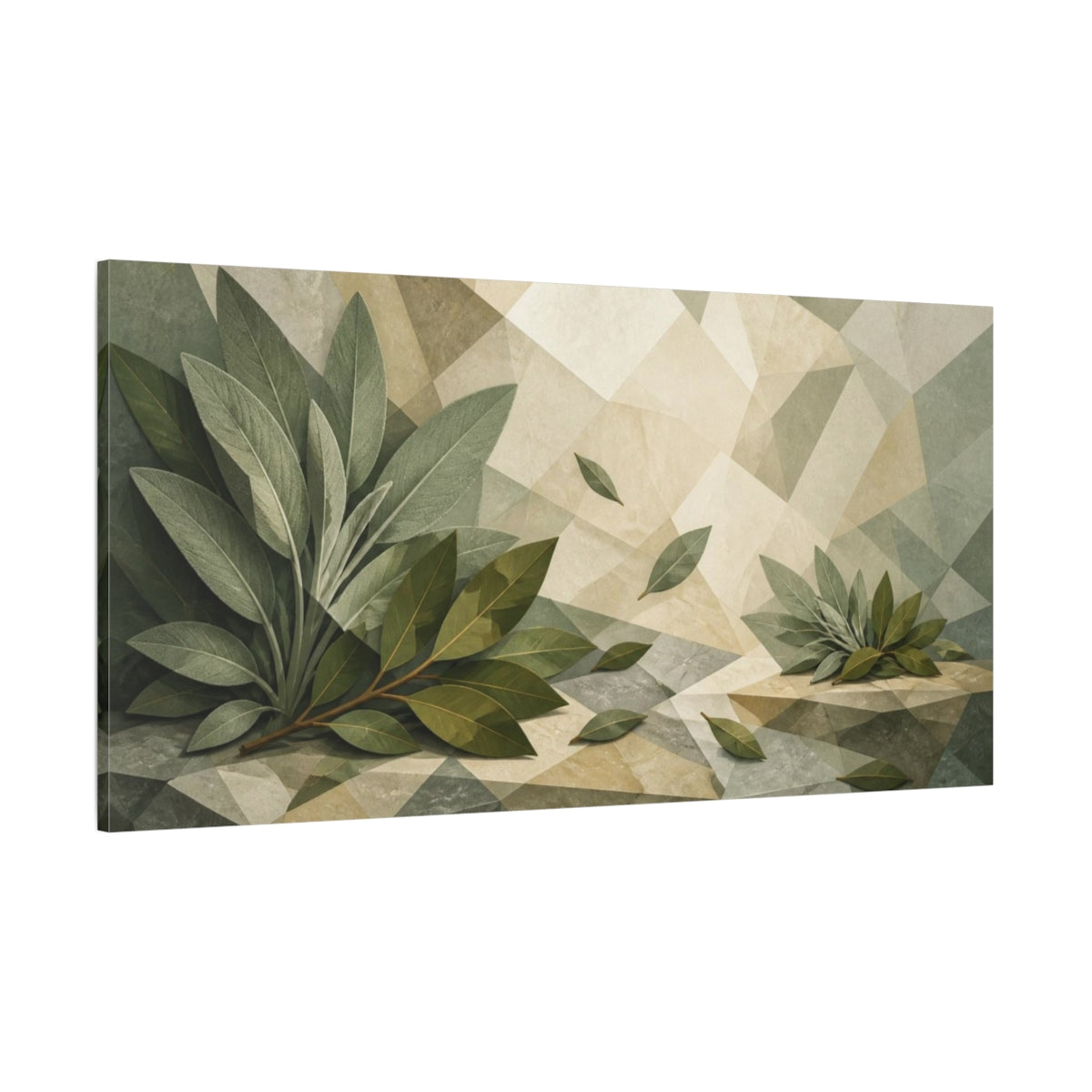 Side Mockup 2. Botanical Bay Leaves Still Life shown as canvas print