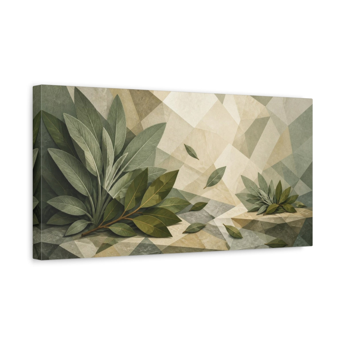Side Mockup 3. Botanical Bay Leaves Still Life shown as canvas print
