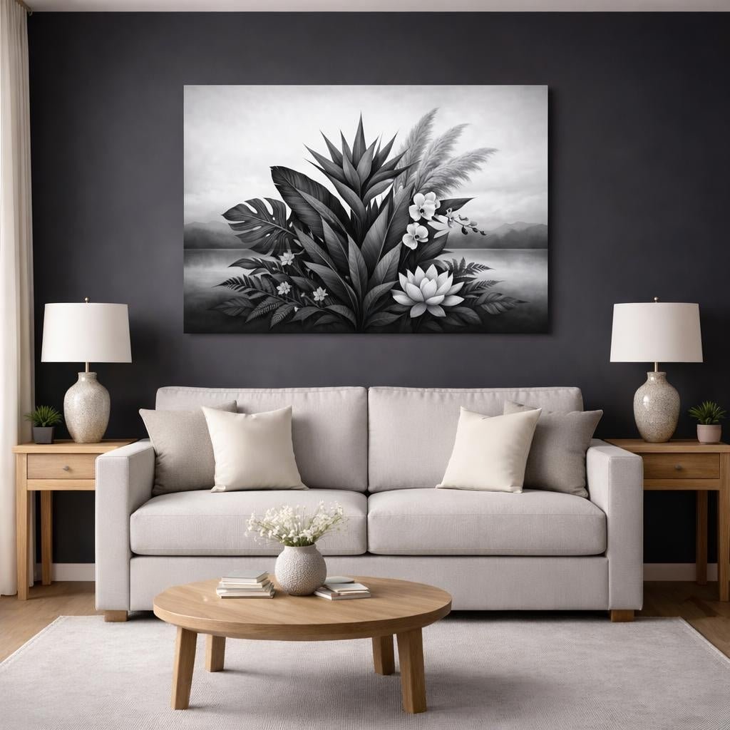 Botanical Black White Arrangement Nature - Canvas Wall Art Print - YesArtYes