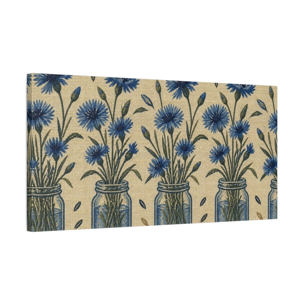 Side Mockup 1. Botanical Blue Cornflowers shown as canvas print