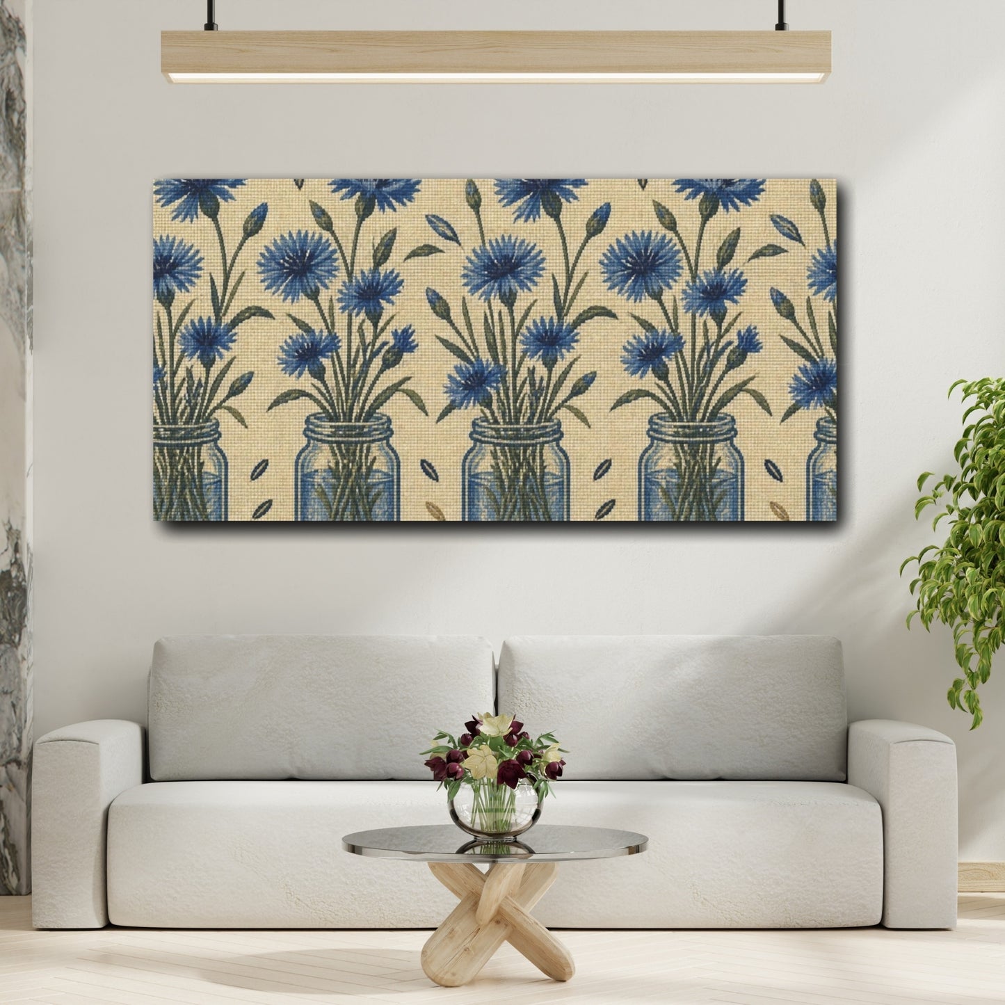 Mockup 2. Botanical Blue Cornflowers shown as canvas print