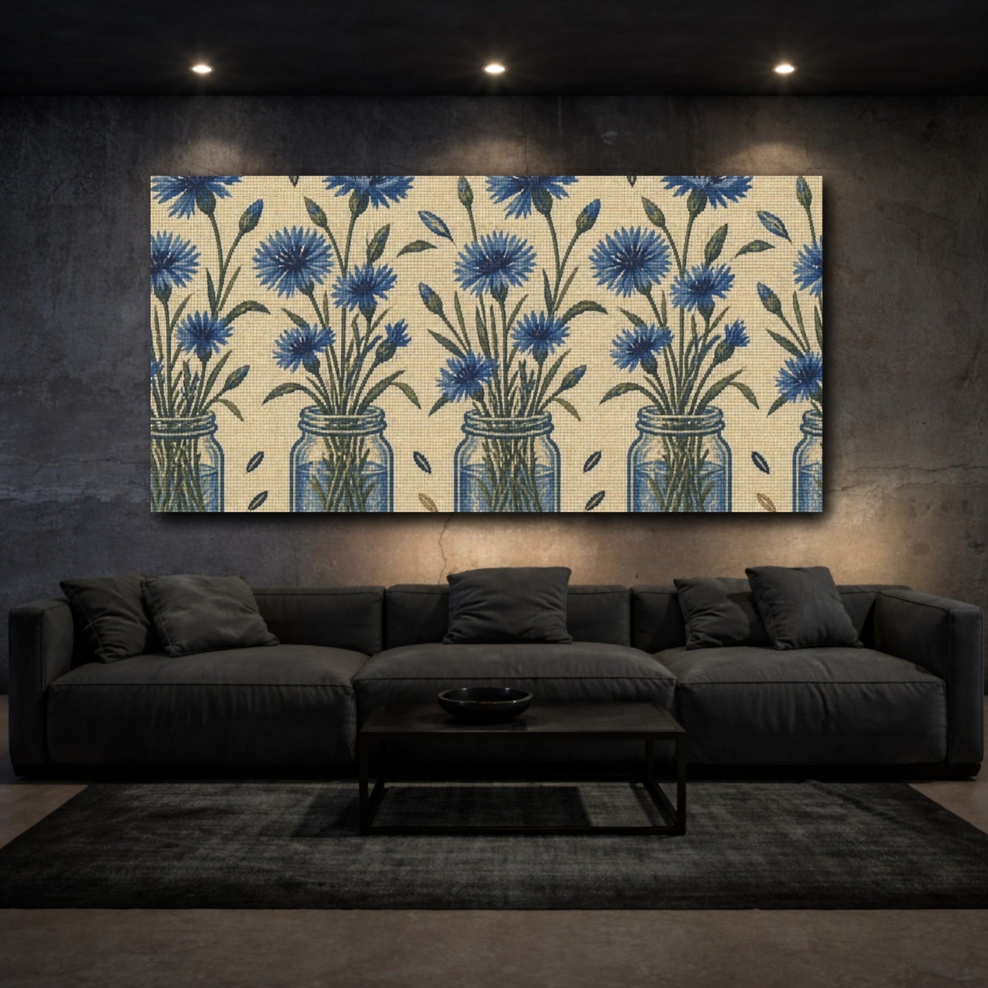 Mockup 3. Botanical Blue Cornflowers shown as canvas print