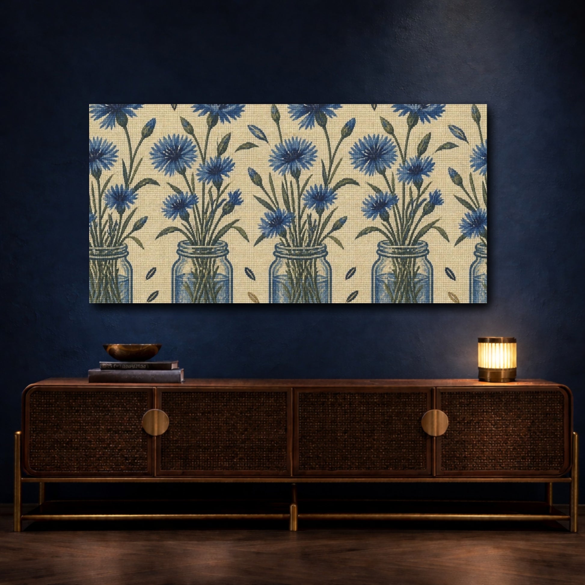 Mockup 4. Botanical Blue Cornflowers shown as canvas print