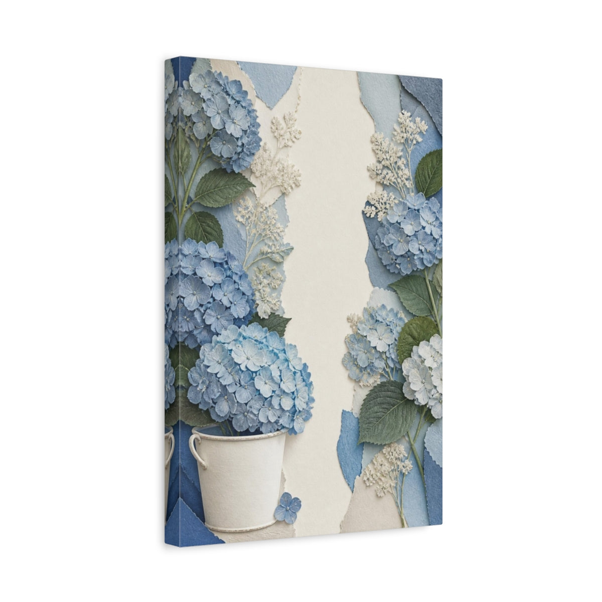 Side Mockup 4. Botanical Blue Hydrangea shown as canvas print