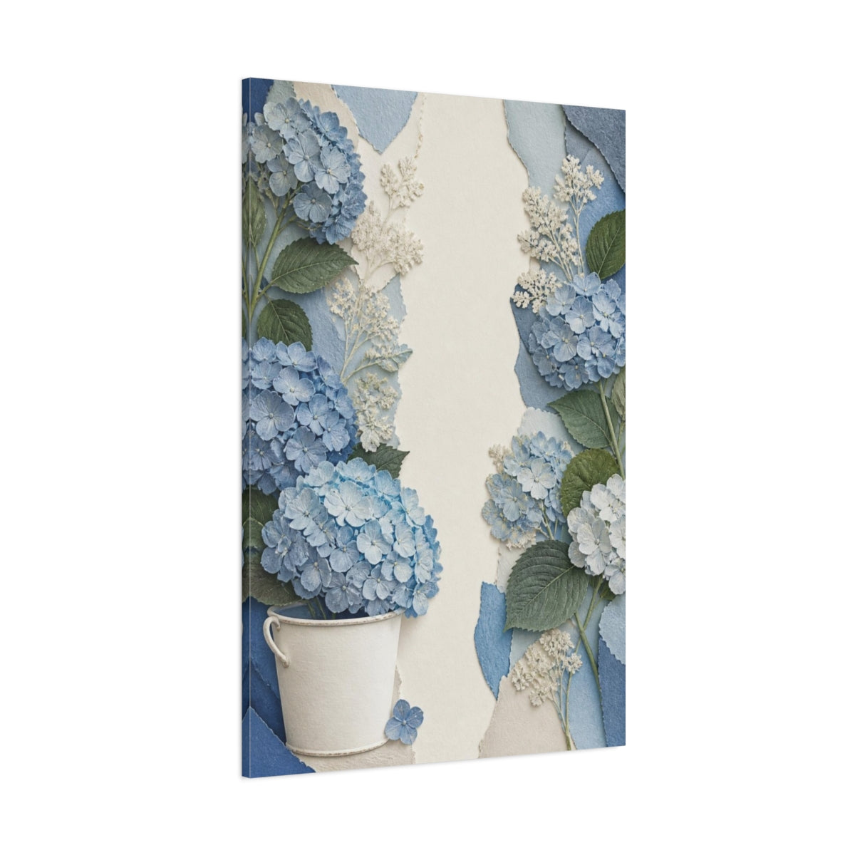 Side Mockup 1. Botanical Blue Hydrangea shown as canvas print