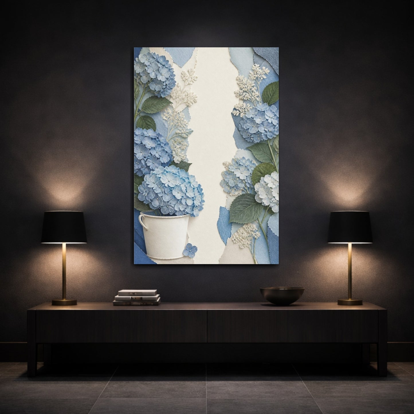 Mockup 3. Botanical Blue Hydrangea shown as canvas print